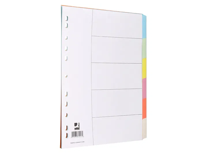 Q-connect Separadores Din A4 Multitaladro Cartulina, Juego de 6 Separadores con Pestañas en Colores Pastel, para Archivar, Incluye Carátula con Índice
