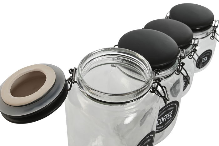 DKD Home Decor Bote Hermético Cristal y Metal Negro Set de 4 Unidades 11.4x11.4x26.7 cm con Cierre Hermético
