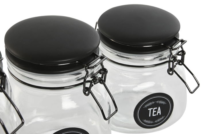 DKD Home Decor Bote Hermético Cristal y Metal Negro Set de 4 Unidades 11.4x11.4x26.7 cm con Cierre Hermético