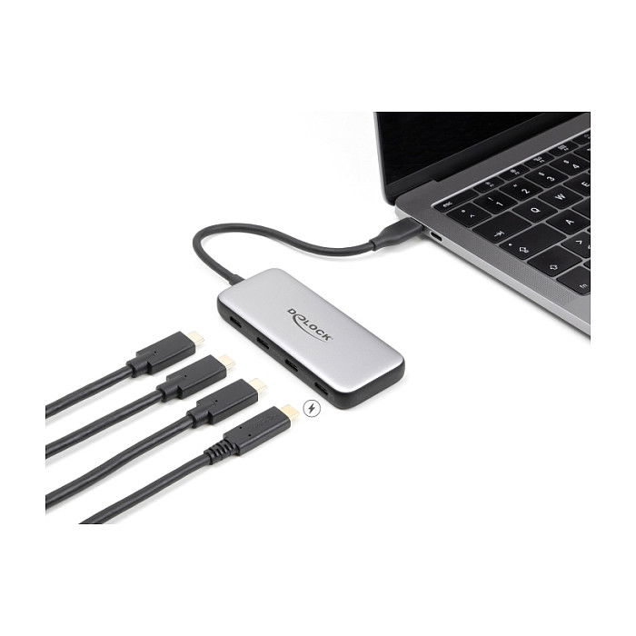 DeLOCK Concentrador USB Hub Tipo-C 10 Gbps, USB 3.2 Gen 1 con 4 Puertos USB-C y PD 85W para Carga, PC, Android, Windows, Mac, Negro, Gris - 1 Pieza DeLOCK Concentrador USB Hub Tipo-C 10 Gbps, USB 3.2 Gen 1 con 4 Puertos USB-C y PD 85W para Carga, PC, Android, Windows, Mac, Negro, Gris - 1 Pieza