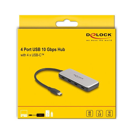 DeLOCK Concentrador USB Hub Tipo-C 10 Gbps, USB 3.2 Gen 1 con 4 Puertos USB-C y PD 85W para Carga, PC, Android, Windows, Mac, Negro, Gris - 1 Pieza DeLOCK Concentrador USB Hub Tipo-C 10 Gbps, USB 3.2 Gen 1 con 4 Puertos USB-C y PD 85W para Carga, PC, Android, Windows, Mac, Negro, Gris - 1 Pieza