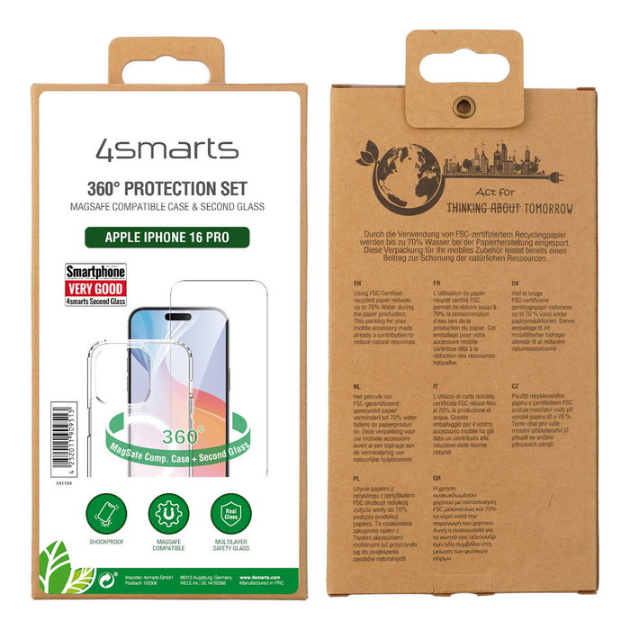 4smarts 541194 Funda Protectora y Protector de Pantalla Premium, Transparente, para Apple iPhone 16 Pro (6.3") Vidrio Templado Compatible MagSafe Resistente a Golpes