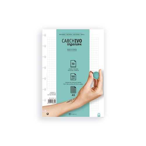 Carchivo Recambio de Hojas Extraíbles para Cuaderno Ingeniox A5, 50 Hojas, Cuadrícula 5x5