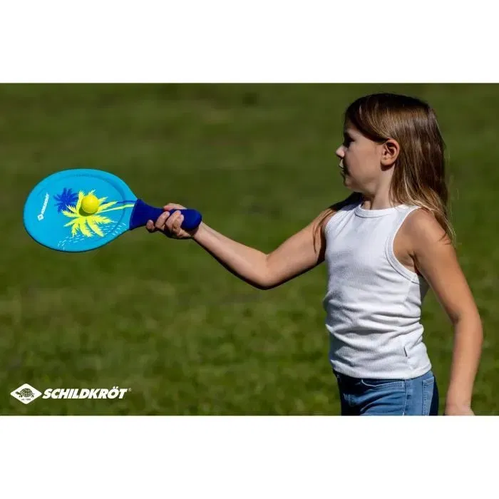 SCHILDKROT Raquetas de Beachball Neopreno Amarillo/Azul con Estampado Verde, 2 Pelotas Ø40mm y Bolsa de Malla