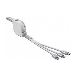 DeLOCK Cable USB 3 en 1 Enrollable Lightning™, Micro USB y USB Tipo-C™ Blanco/Plata