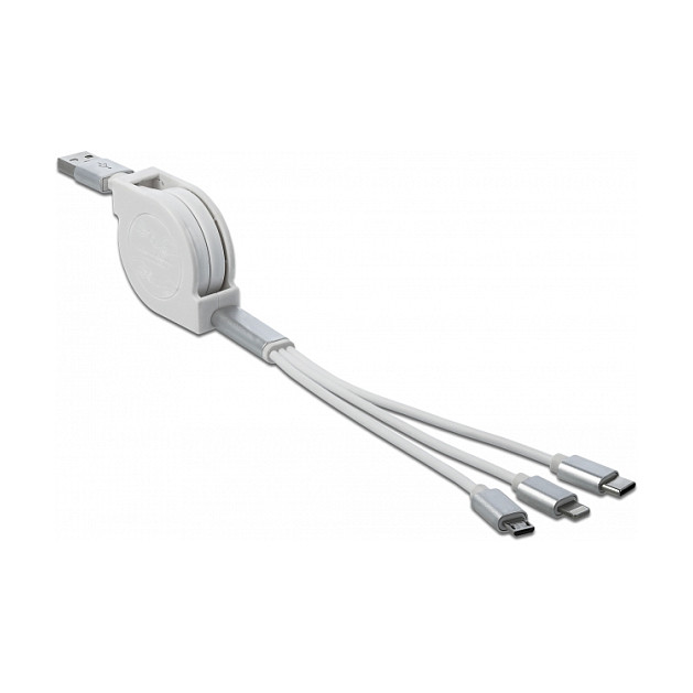 DeLOCK Cable USB 3 en 1 Enrollable Lightning™, Micro USB y USB Tipo-C™ Blanco/Plata DeLOCK Cable USB 3 en 1 Enrollable Lightning™, Micro USB y USB Tipo-C™ Blanco/Plata