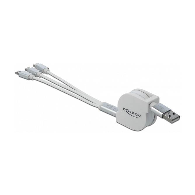 DeLOCK Cable USB 3 en 1 Enrollable Lightning™, Micro USB y USB Tipo-C™ Blanco/Plata DeLOCK Cable USB 3 en 1 Enrollable Lightning™, Micro USB y USB Tipo-C™ Blanco/Plata