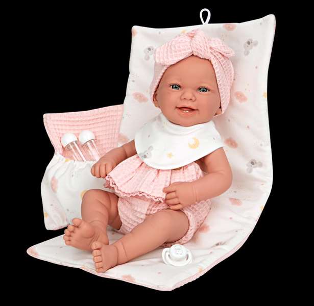 Muñecas Arias Muñeca Elegance Zoe, 42 cm, Rosa con Cambiador y Babero, Cuerpo de Vinilo para Niña