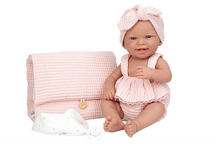 Muñecas Arias Muñeca Elegance Zoe, 42 cm, Rosa con Cambiador y Babero, Cuerpo de Vinilo para Niña