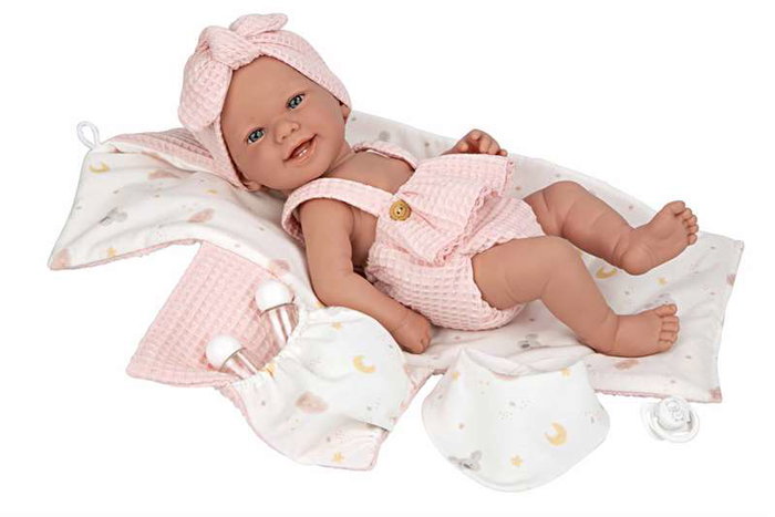 Muñecas Arias Muñeca Elegance Zoe, 42 cm, Rosa con Cambiador y Babero, Cuerpo de Vinilo para Niña