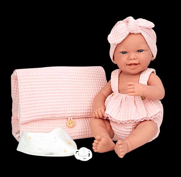 Muñecas Arias Muñeca Elegance Zoe, 42 cm, Rosa con Cambiador y Babero, Cuerpo de Vinilo para Niña