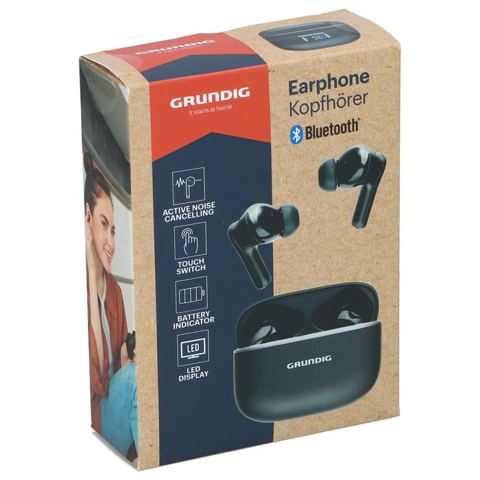 Grundig Earphone Auriculares Inalámbricos Bluetooth con Estuche Negro con Pantalla LED y Cancelación de Ruido