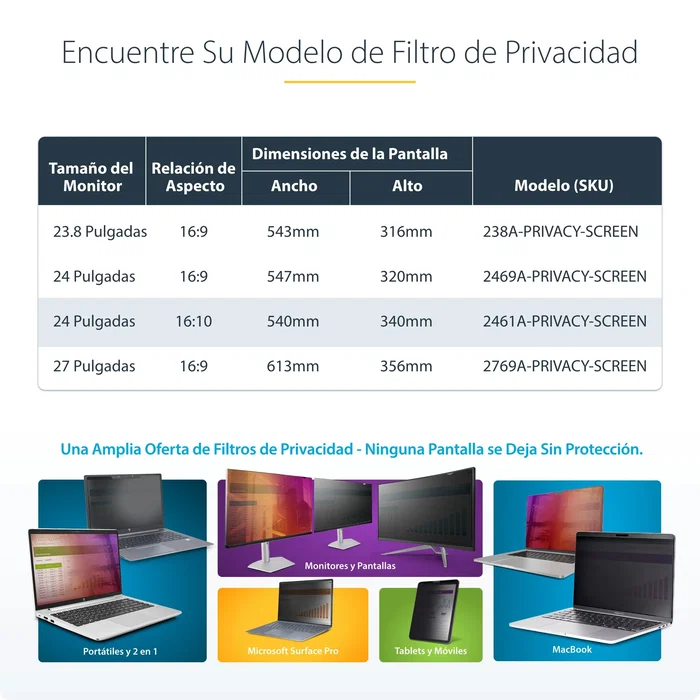 StarTech Filtro de Privacidad 24" 16:10 Colgante para Monitor - 2461A-PRIVACY-SCREEN - Protección Visual, Reductor de Luz Azul, Antihuellas, Universal