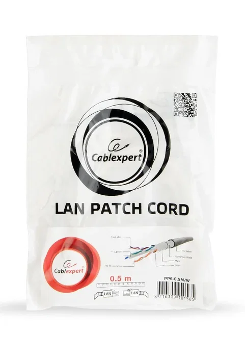 Gembird PP6-0.25M/W Cable de Red Cat6 0.25 Metros FTP/UTP Blindado, Conectores RJ45 Chapados en Oro, Color Blanco, AWG26
