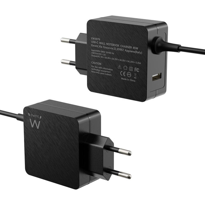Ewent EW3979 Cargador Pared USB Tipo C 45W PD con Puerto USB-A Adicional para Smartphones, Tablets y Portátiles