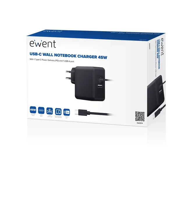 Ewent Cargador de Pared USB-C 45 W EW3979 con Puerto USB-A Negro