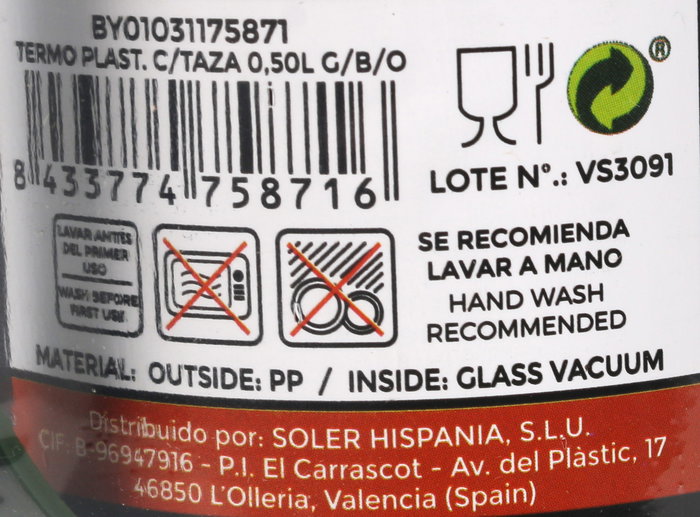 Thermosport Termo Plastico con Taza 0,50L Gris/Blanco/Ocre (12 Unidades)