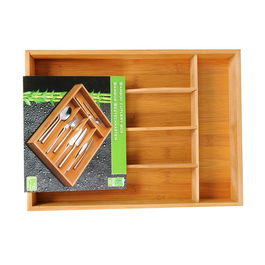 5Five Organizador de Cubiertos Extensible de Bambú con 6 Compartimentos - Bandeja Cocina 35 x 25-39.2 x 4.5 cm