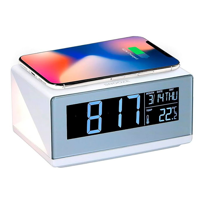 Grundig Reloj Despertador con Cargador Inalámbrico 5W, Termómetro, Calendario, 3 Modos de Luz y Alarma Dual, Color Blanco