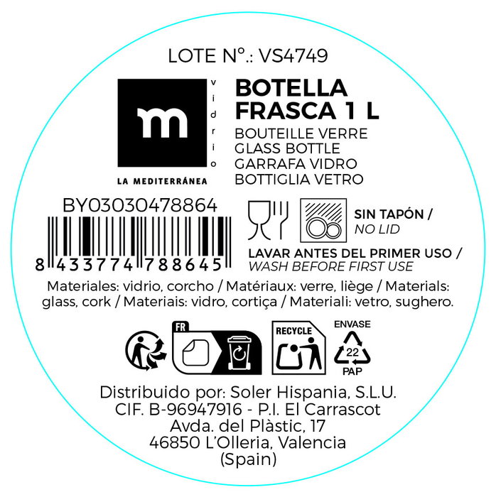 Inde Botella Frasca Boca Ancha Pintada 1L La Mediterran (12 Unidades) Inde Botella Frasca Boca Ancha Pintada 1L La Mediterran (12 Unidades)