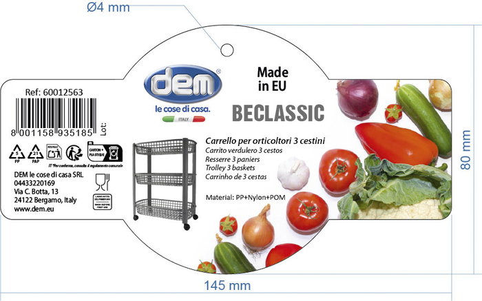 Inde Carrito Verdulero 3 Cestos Beclassic 25.8 cm Ancho x 12.1 cm Alto x 46.7 cm Largo (8 Unidades)