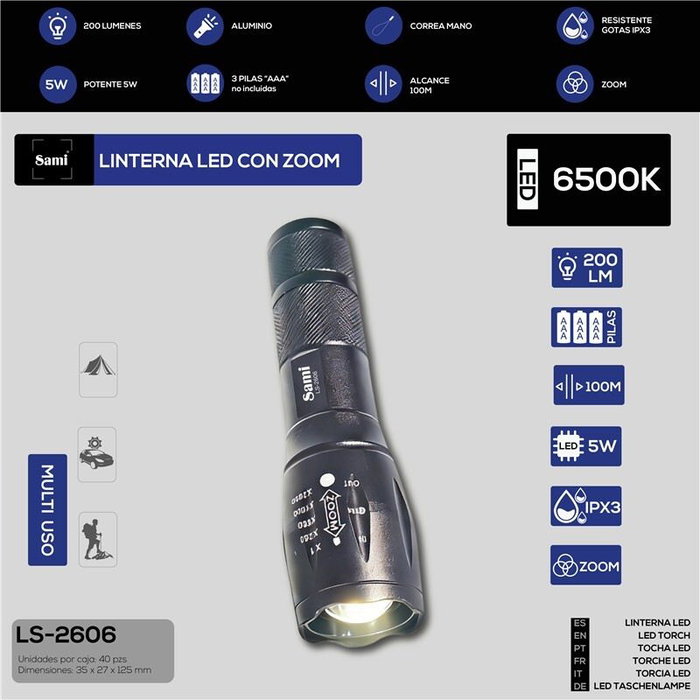 SAMI Sami Linterna LED zoom 200LM pilas 3xAAA