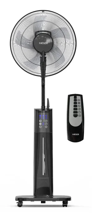 Haeger HF-18R.002A Ventilador con Humidificador Negro - 45 cm, 3 Velocidades, Control Táctil e Inalámbrico, Oscilación 90°, Temporizador, Capacidad 2L