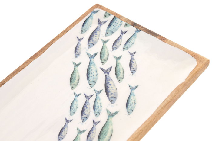 DKD Home Decor Set de 2 Bandejas de Mango con Diseño de Peces, Azul