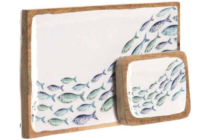 DKD Home Decor Set de 2 Bandejas de Mango con Diseño de Peces, Azul