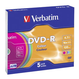 Verbatim DVD-R Colour 4,7GB 16x Pack de 5 Slim Case