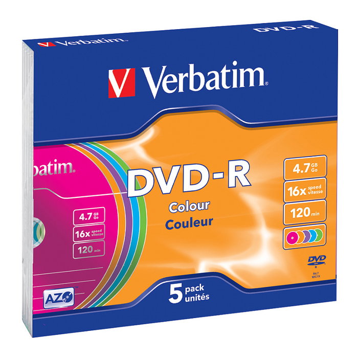 Verbatim DVD-R Colour 4,7GB 16x Pack de 5 en Slim Case