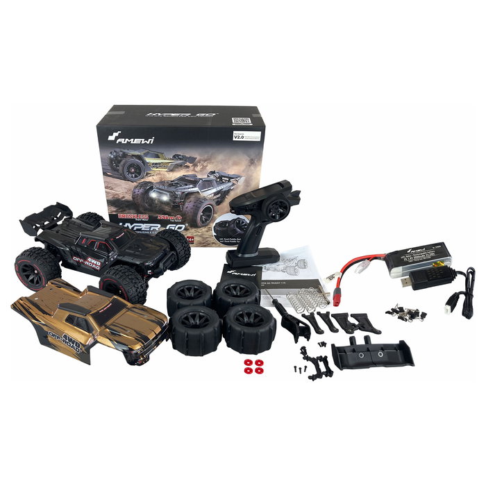 AMEWI Hyper GO Truggy Brushless 4WD 1:14 RTR Negro, Motor Eléctrico Sin Escobillas, 65 km/h, Batería LiPo 7.4V 3000mAh