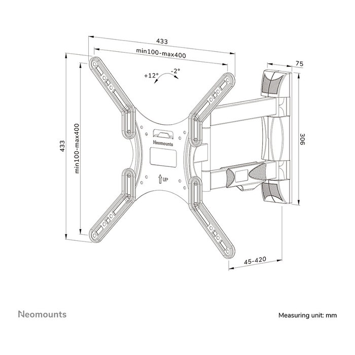 Neomounts WL40-550BL14 Soporte de TV de Pared de Movimiento Total, 32-55", Hasta 35 kg, VESA 100x100-400x400, Inclinación 14°, Giro 40°