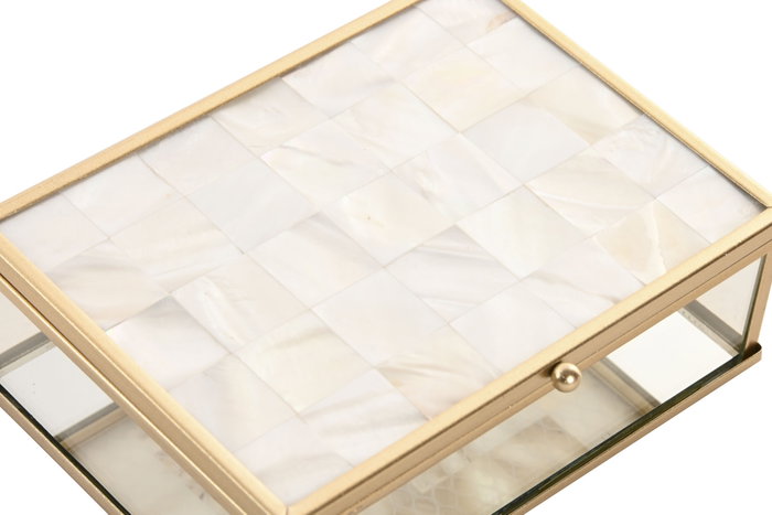 DKD Home Decor Joyero Scandi Blanco y Dorado de Cristal y Metal con Detalles de Nácar, 11 x 14 x 4.7 cm - Pack de 4 Unidades