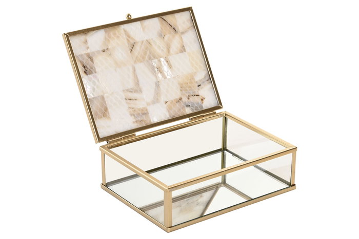 DKD Home Decor Joyero Scandi Blanco y Dorado de Cristal y Metal con Detalles de Nácar, 11 x 14 x 4.7 cm - Pack de 4 Unidades
