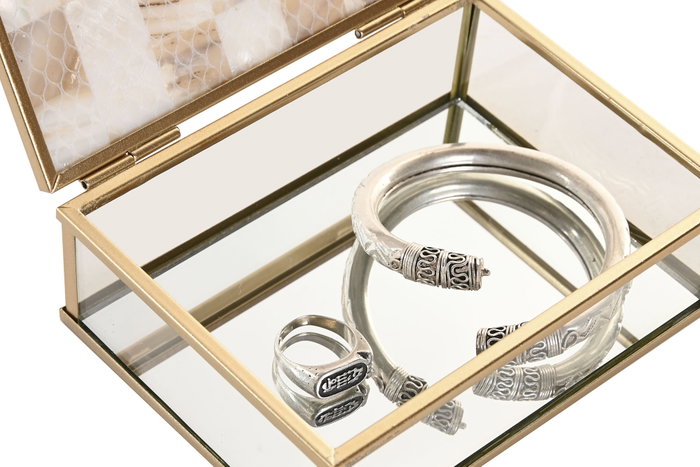 DKD Home Decor Joyero Scandi Blanco y Dorado de Cristal y Metal con Detalles de Nácar, 11 x 14 x 4.7 cm - Pack de 4 Unidades