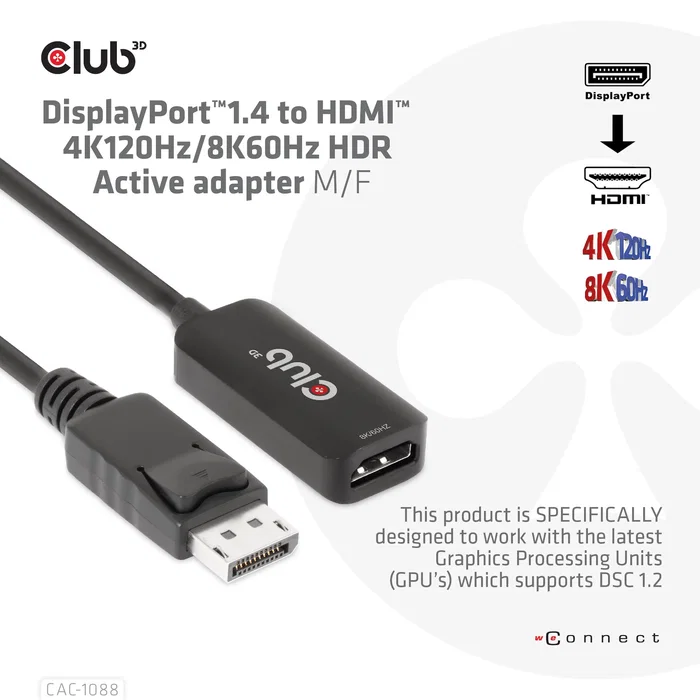 CLUB-3D Adaptador Activo DisplayPort 1.4 a HDMI 4K120Hz/8K60Hz HDR