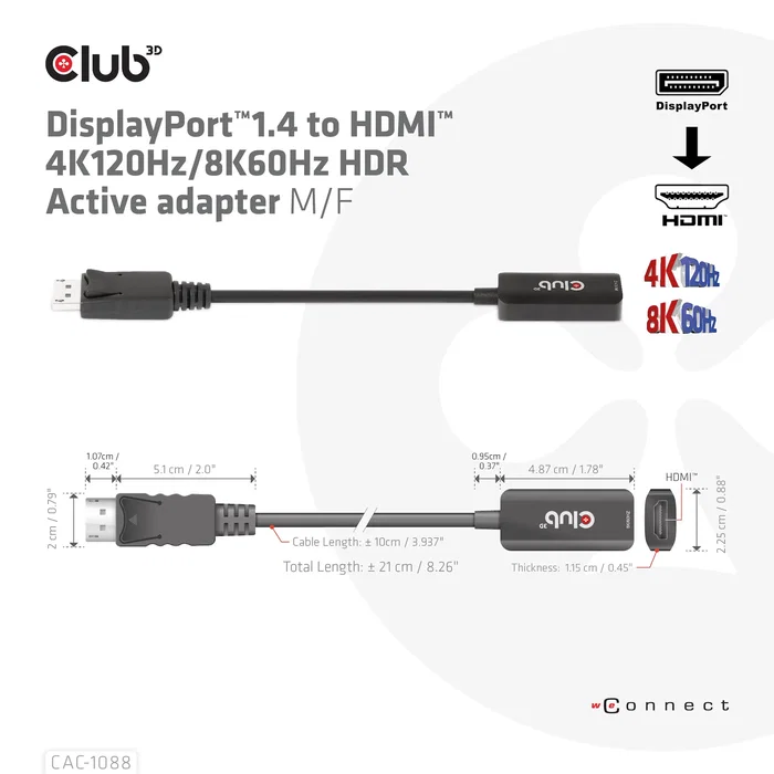 CLUB-3D Adaptador Activo DisplayPort 1.4 a HDMI 4K120Hz/8K60Hz HDR