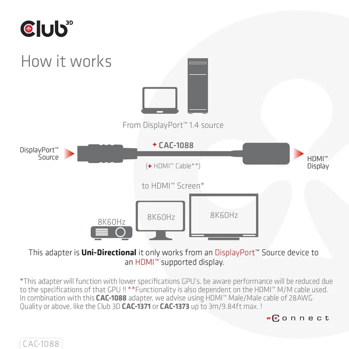 CLUB-3D Adaptador Activo DisplayPort 1.4 a HDMI 4K120Hz/8K60Hz HDR