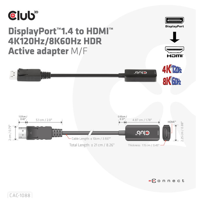 Club 3D Adaptador Activo DisplayPort 1.4 a HDMI HDR 4K 120Hz / 8K 60Hz, Cable 0.21 m, Macho a Hembra, Negro Club 3D Adaptador Activo DisplayPort 1.4 a HDMI HDR 4K 120Hz / 8K 60Hz, Cable 0.21 m, Macho a Hembra, Negro