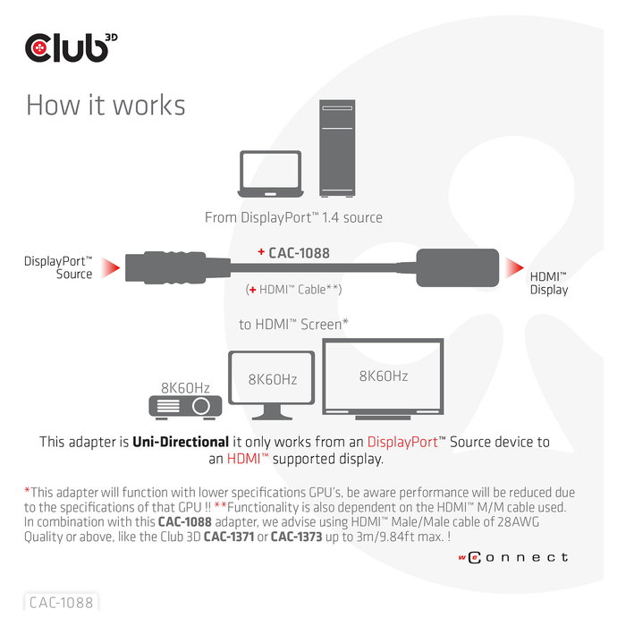 Club 3D Adaptador Activo DisplayPort 1.4 a HDMI HDR 4K 120Hz / 8K 60Hz, Cable 0.21 m, Macho a Hembra, Negro Club 3D Adaptador Activo DisplayPort 1.4 a HDMI HDR 4K 120Hz / 8K 60Hz, Cable 0.21 m, Macho a Hembra, Negro