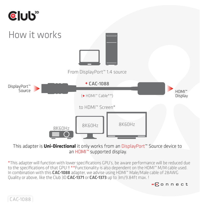 CLUB-3D Adaptador Activo DisplayPort 1.4 a HDMI 4K120Hz/8K60Hz HDR