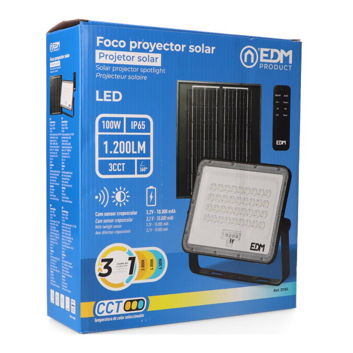 Edm Foco proyector LED solar 100 W 1200 lm 3CCT Edm Foco proyector LED solar 100 W 1200 lm 3CCT