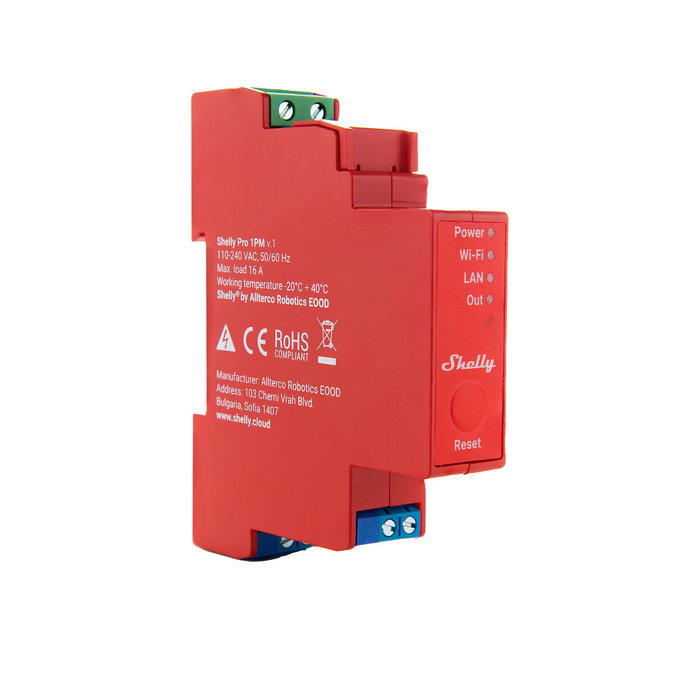 Shelly Relais Pro 1PM - Relé WiFi inteligente, 1 canal, 16A, 1 fase, con función Bluetooth y medición, montaje en riel DIN