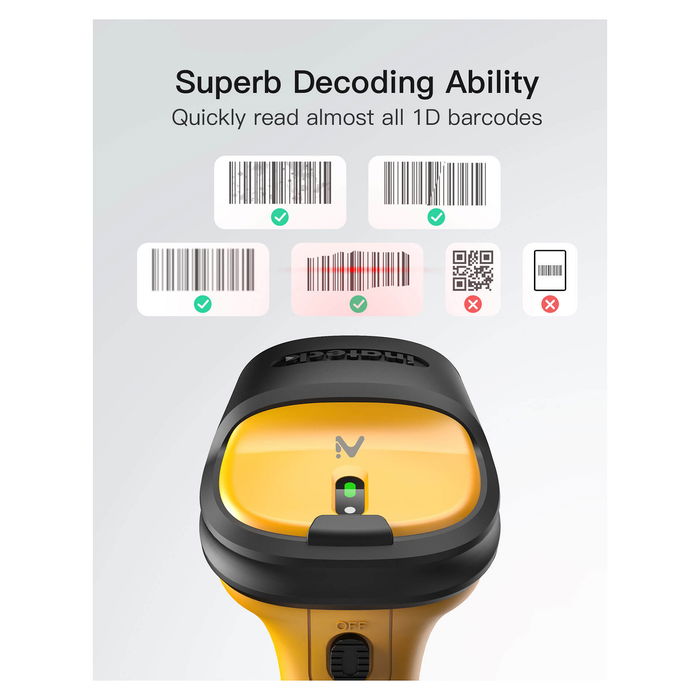 Inateck P6-AI Lector de Códigos de Barras Portátil Láser 1D Inalámbrico y Cableado USB Bluetooth Amarillo