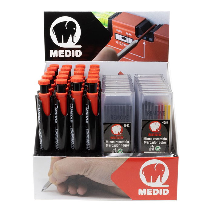 Medid Marcador portaminas + recambios con estuche y sacapuntas, expositor 20 + 20 uds Medid Marcador portaminas + recambios con estuche y sacapuntas, expositor 20 + 20 uds