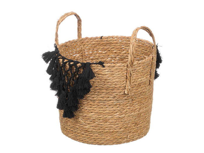 Giftdecor Macetero Mimbre Macramé Pompón Negro Grande 32x36x32 cm (Set de 6)