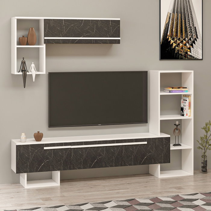 Hanah Home Mueble de TV Royal Marble Blanco y Negro con Estante Pared 209x123.6x27.7 cm