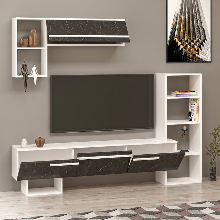 Hanah Home Mueble de TV Royal Marble Blanco y Negro con Estante Pared 209x123.6x27.7 cm