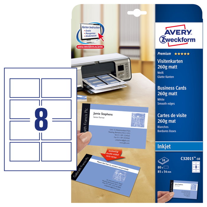 AVERY Zweckform Tarjetas de Visita C32015-10 Blanco Mate, 80 Unidades AVERY Zweckform Tarjetas de Visita C32015-10 Blanco Mate, 80 Unidades